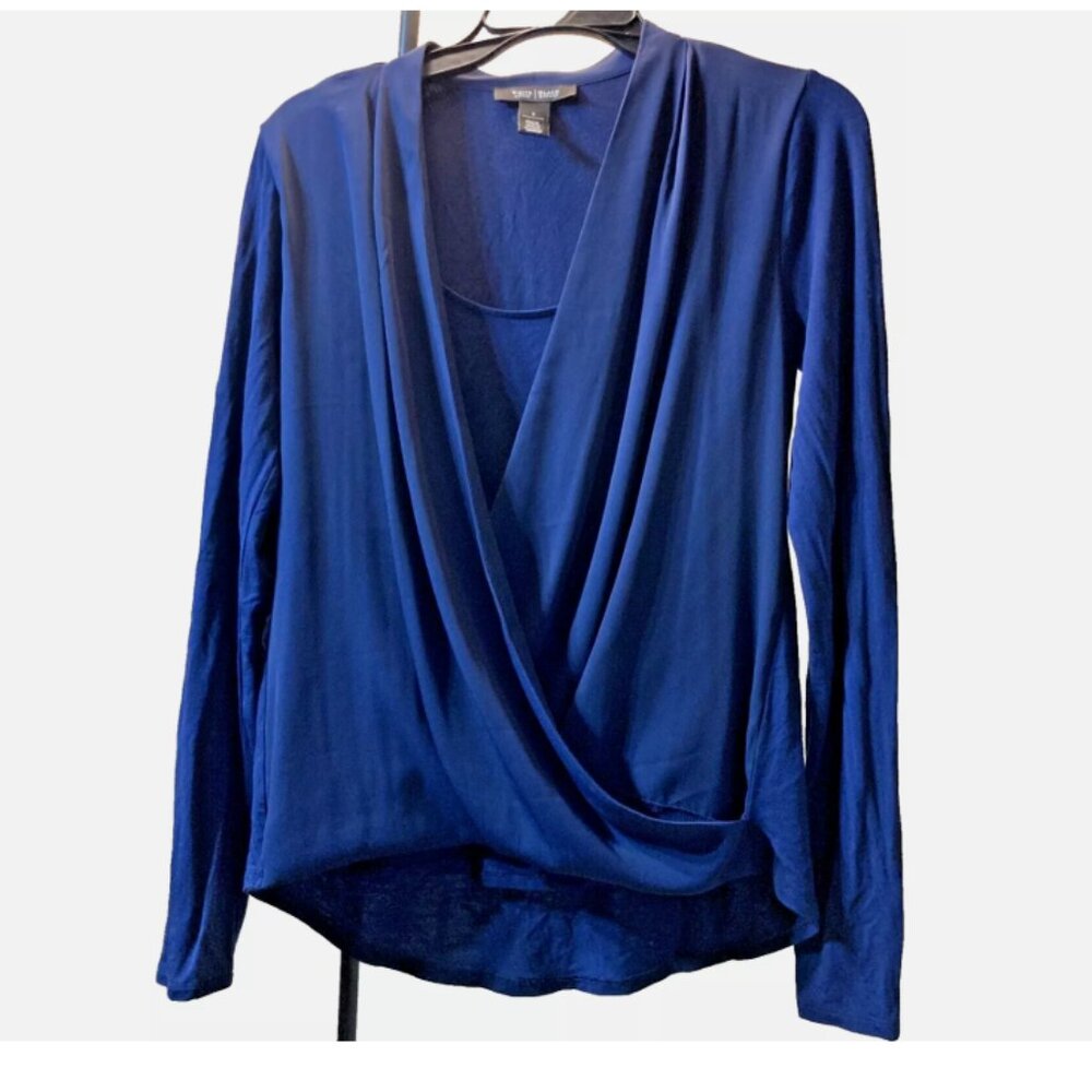 White House Black Market WHBM Navy Drape Crossover Front Blouse Size Small